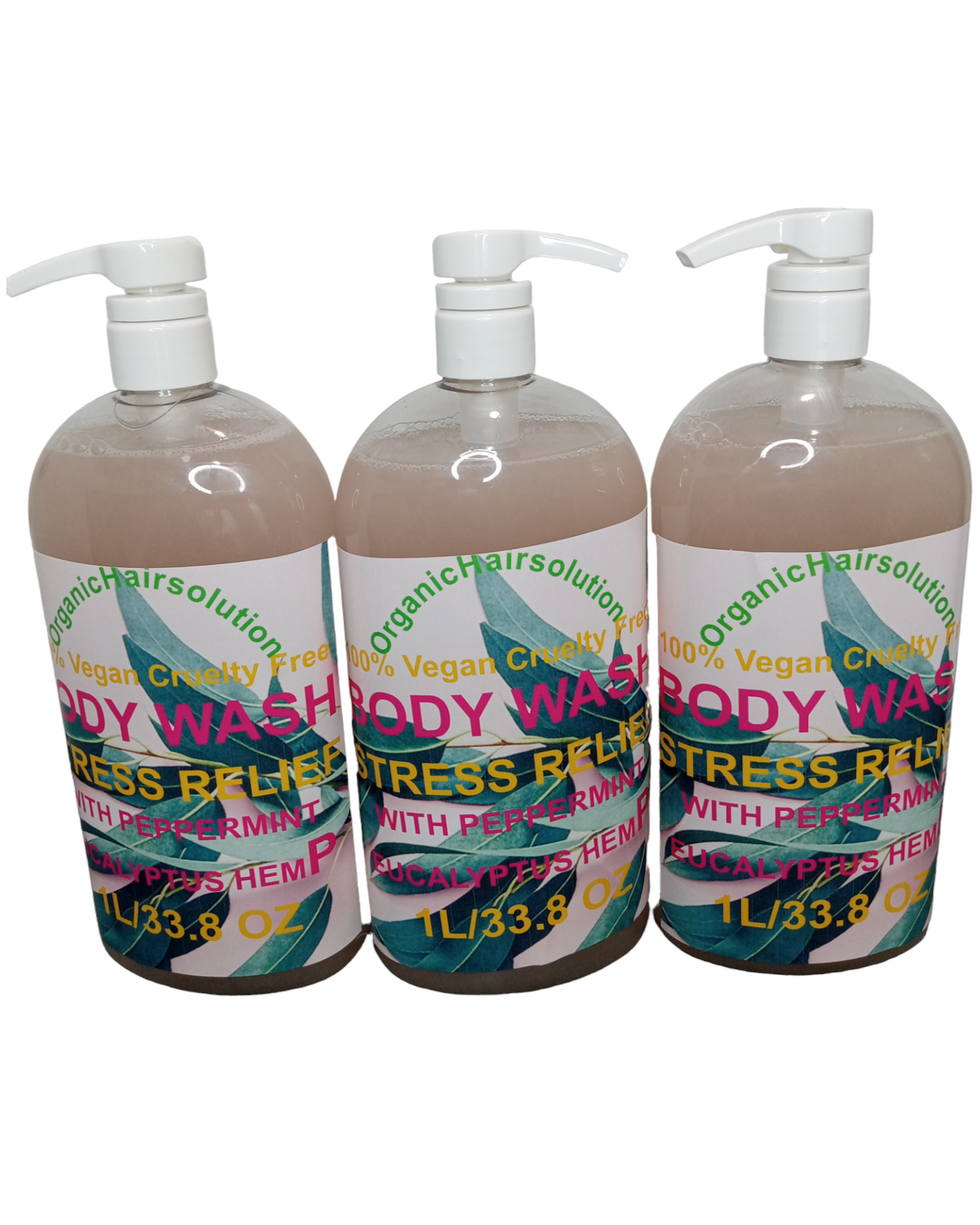 STRESS RELIEF BODY WASH WITH HEMP PEPPERMINT & EUCALYPTUS (Pack of 3 of 1 liter each) - Organic Hair Solution, LLC