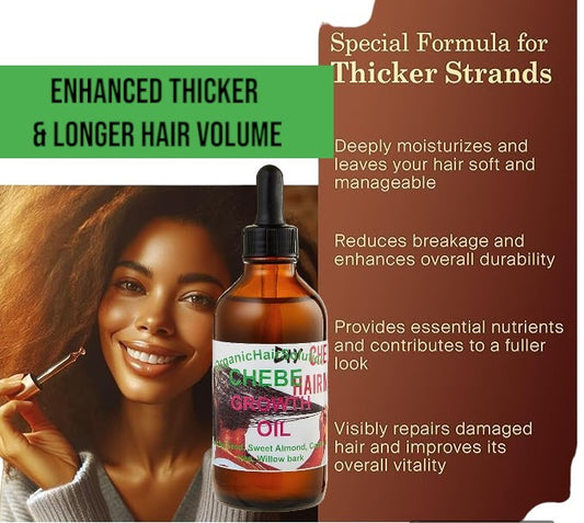 Chebe Hair Growth Oil- Formulated With African Chebe Powder -Growth Hair Thickening- with Castor Oil- Tea Tree-Willow Bark-Sweet almond oil, Grape Seed Oil, Herbal Hair Mix