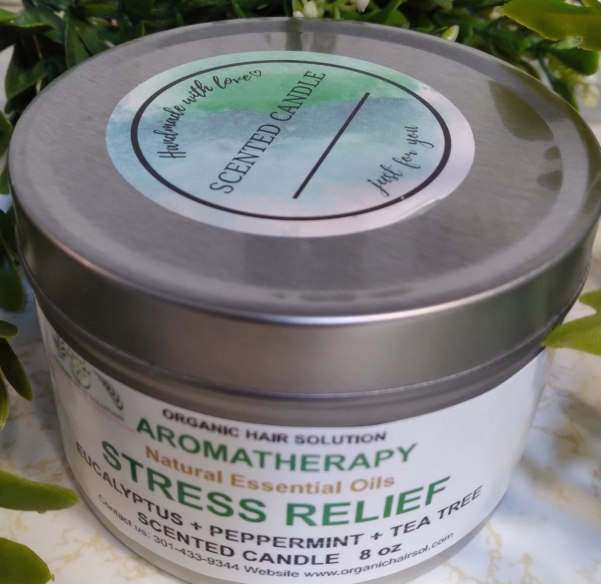 STRESS RELIEF AROMATHERAPY CANDLE-with Eucalyptus-Peppermint & Tea Tree (8 oz) - Organic Hair Solution, LLC