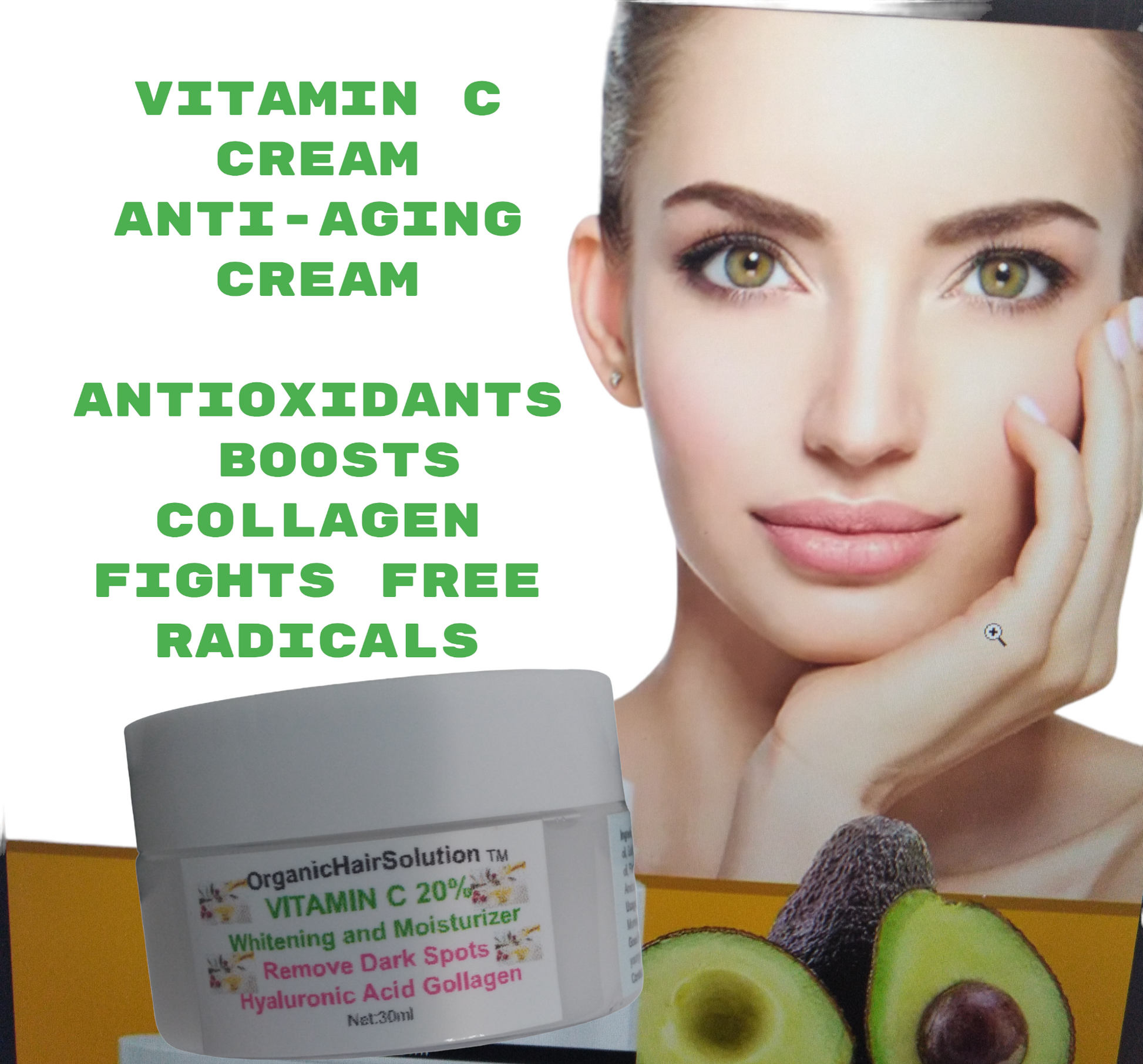 VITAMIN C 20% Whitening and Moisturizer -Dark Spots Remover- Hyaluronic Acid Collagen - Organic Hair Solution, LLC